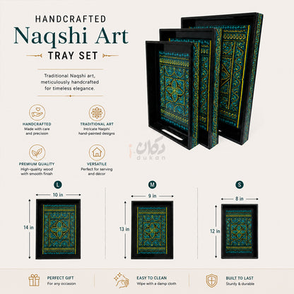Naqshi Art Wooden Serving Tray Set – Handcrafted for Decorative and Serving - Green