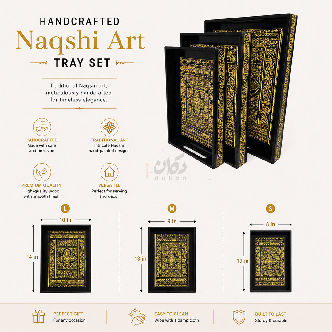 Naqshi Art Wooden Serving Tray Set – Handcrafted for Decorative and Serving - Yellow Color