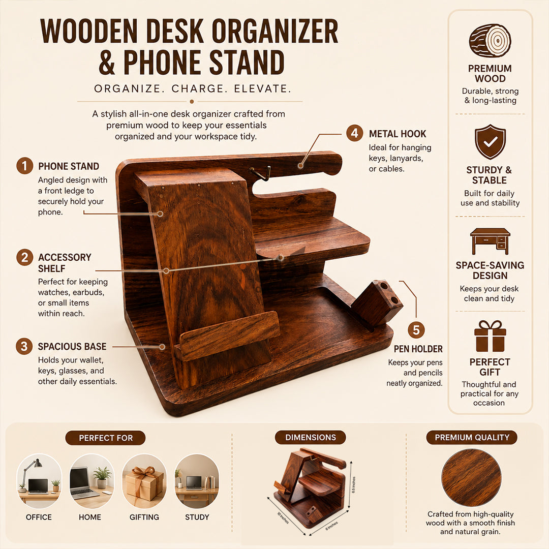 Solid Sheesham Wood Desk Organizer | Phone Docking Stand Watches Key Holder