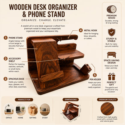 Solid Sheesham Wood Desk Organizer | Phone Docking Stand Watches Key Holder