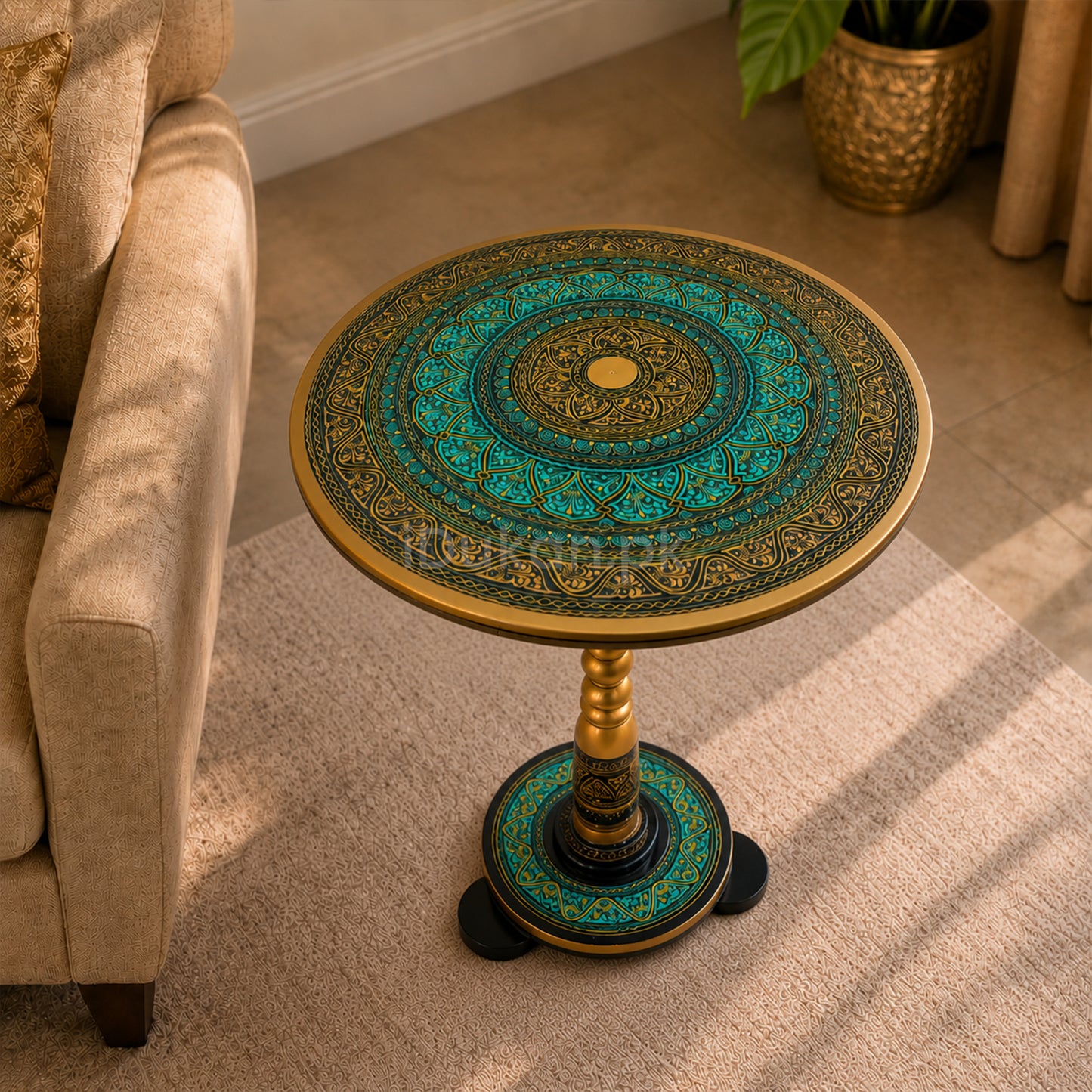 Hand-Painted NAQASHI Art Coffee Side Table for Home Decor (Golden Green)