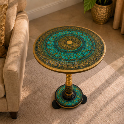 Hand-Painted NAQASHI Art Coffee Side Table for Home Decor (Golden Green)