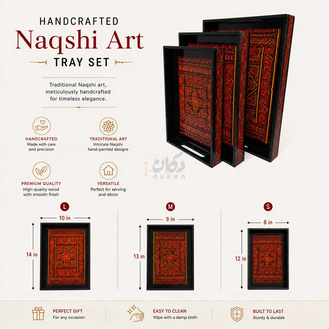 Naqshi Art Wooden Serving Tray Set – Handcrafted for Decorative and Serving - Red Color