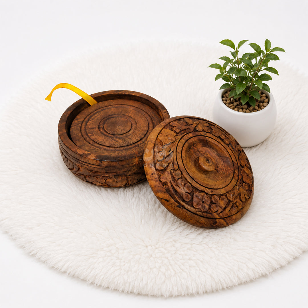 6 Pieces Solid Sheesham Wood Tea Coaster Set with Holder