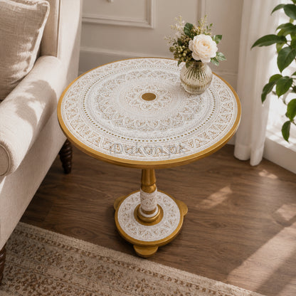 Hand-Painted NAQASHI Art Coffee Side Table for Home Decor (Off White)