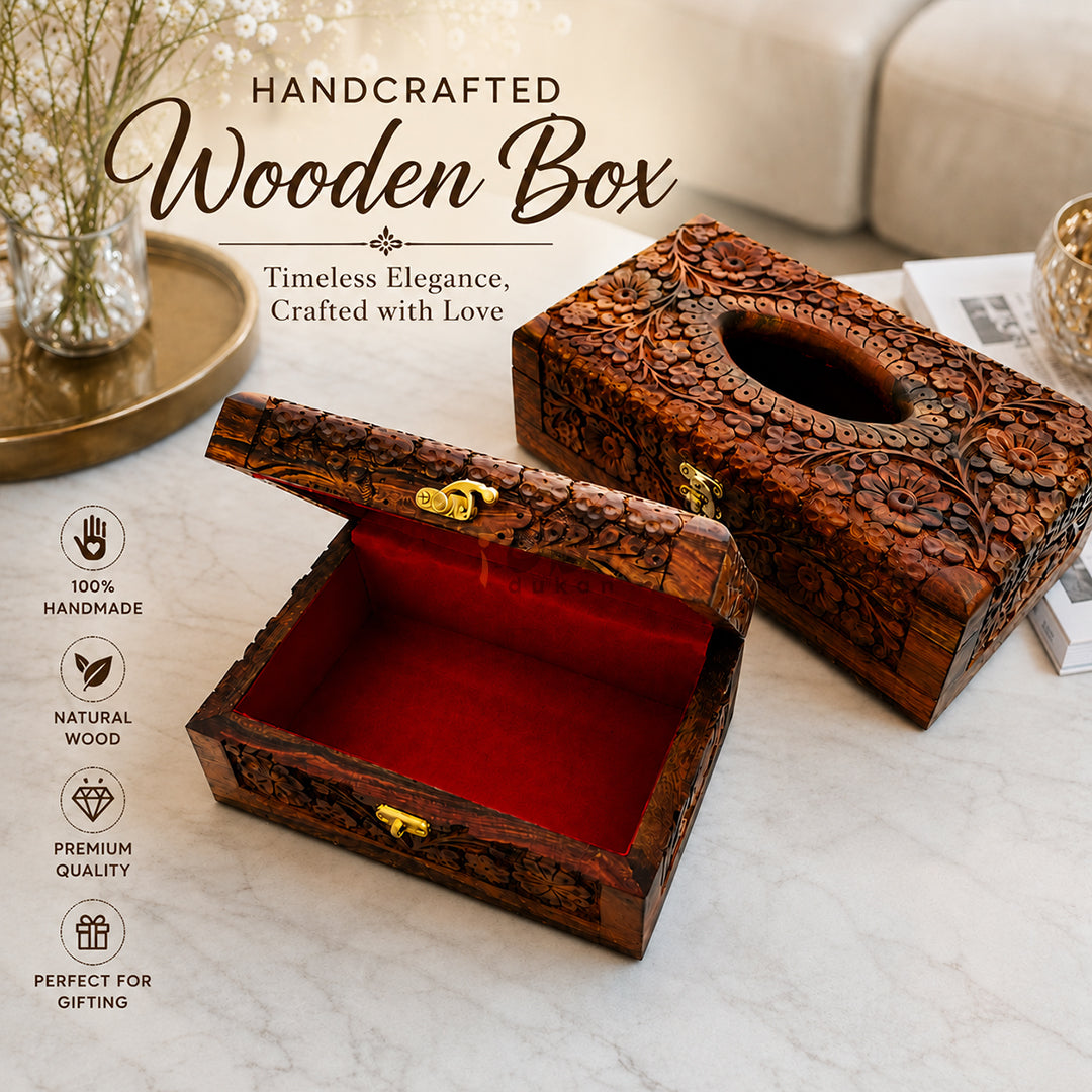 Handmade Wooden Tissue Box with Floral Hand Carving | Premium Sheesham Wood Storage Box