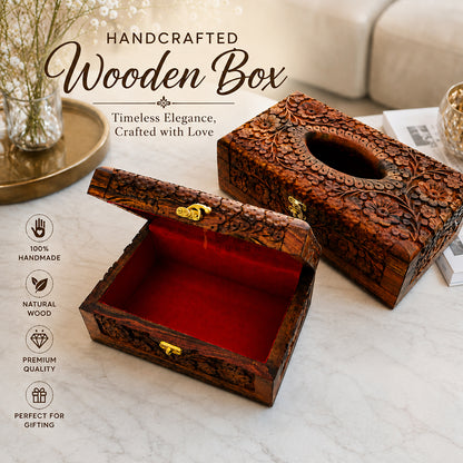 Handmade Wooden Tissue Box with Floral Hand Carving | Premium Sheesham Wood Storage Box