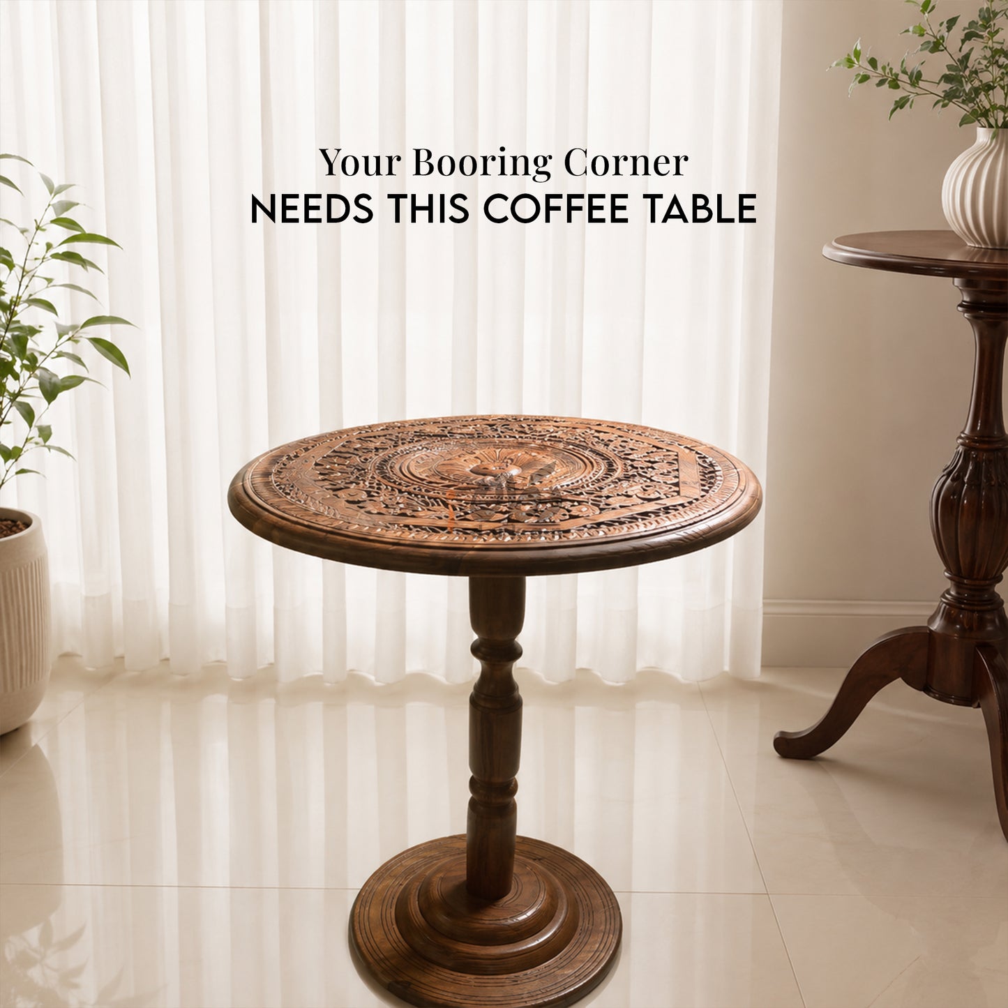 Hand Carving Pure Sheesham Wood Round Coffee Table