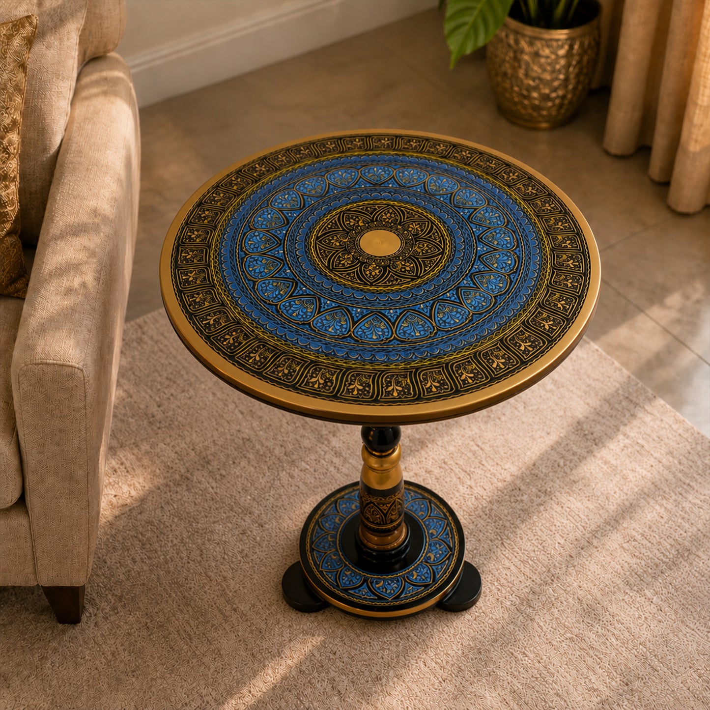 Hand-Painted NAQASHI Art Coffee Side Table for Home Decor (Golden Blue)