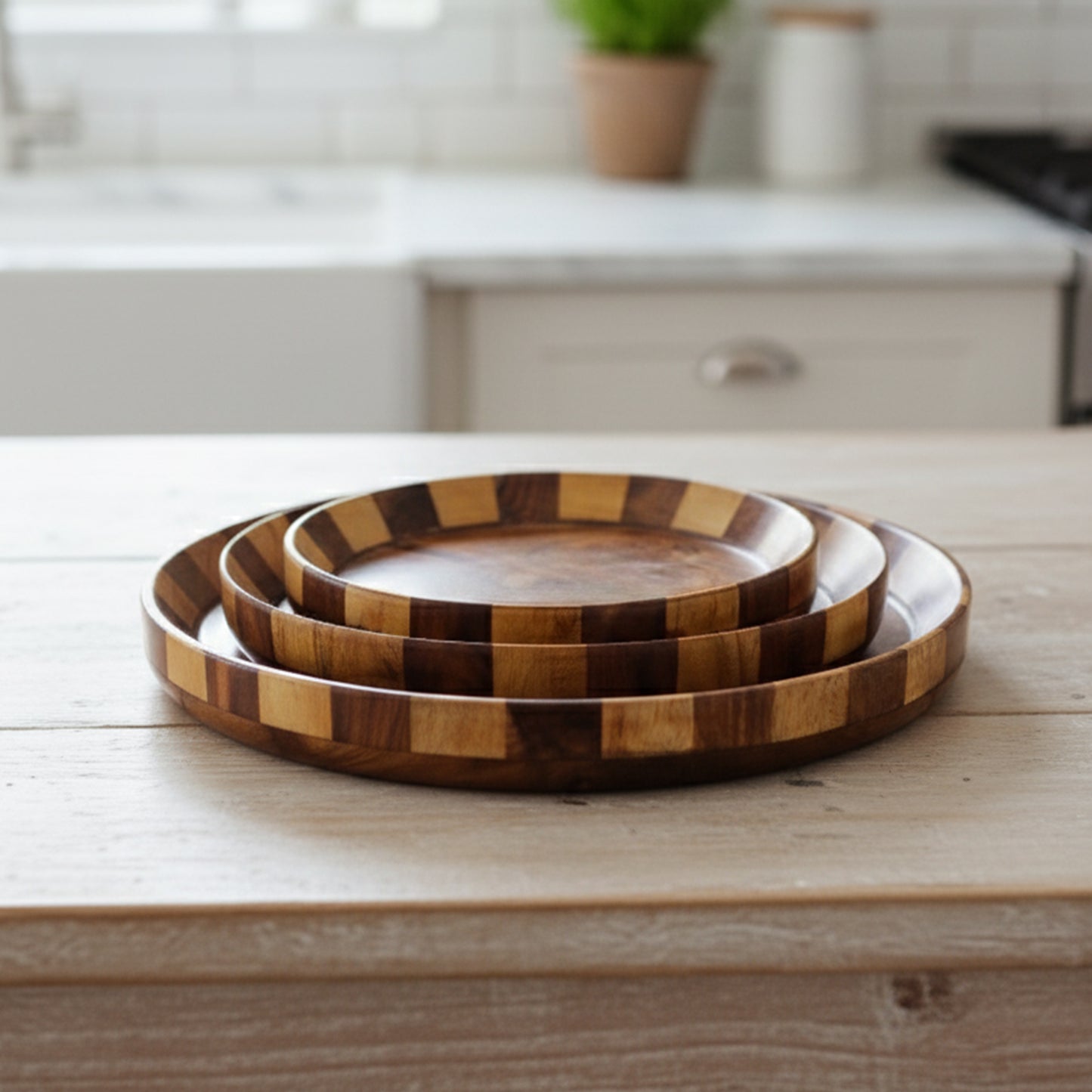 Handcrafted Sheesham Wood Plates Set of 3 for Serving and Decor