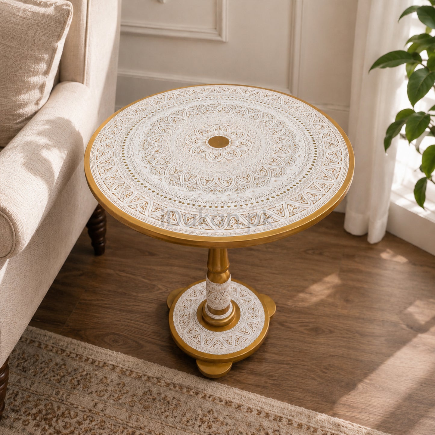 Hand-Painted NAQASHI Art Coffee Side Table for Home Decor (Off White)
