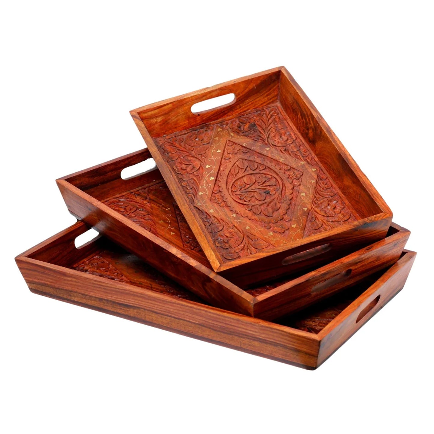 Pure Wood Hand Carving Serving Tray Set of 3 With Handles