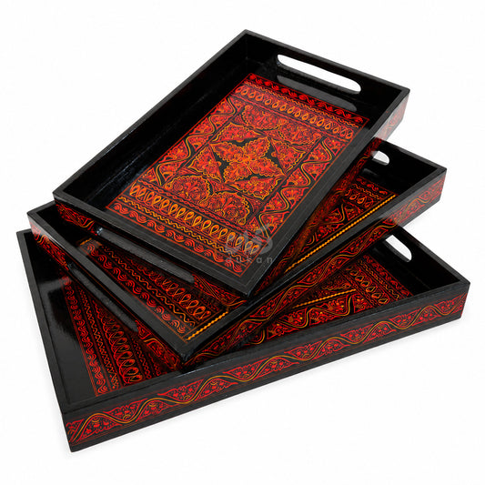 Naqshi Art Wooden Serving Tray Set – Handcrafted for Decorative and Serving - Red Color