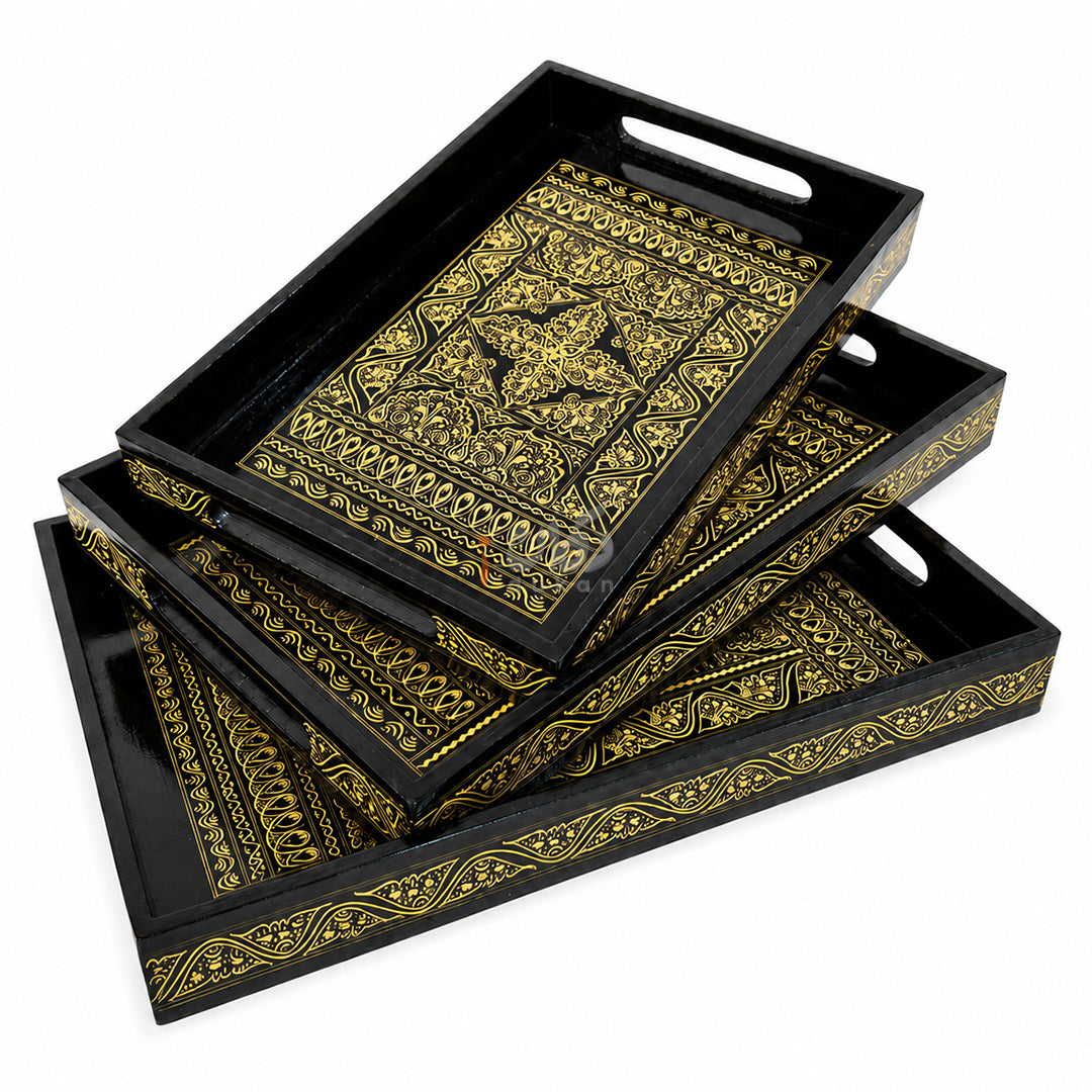 Naqshi Art Wooden Serving Tray Set – Handcrafted for Decorative and Serving - Yellow Color
