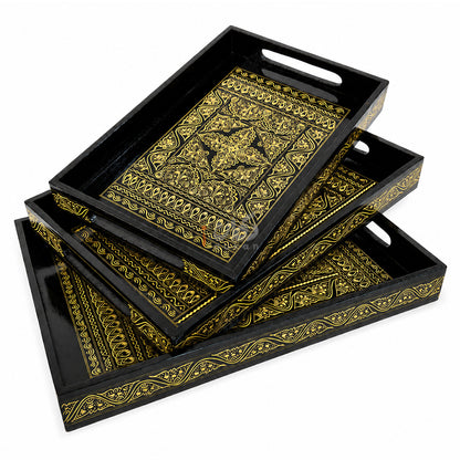 Naqshi Art Wooden Serving Tray Set – Handcrafted for Decorative and Serving - Yellow Color