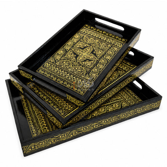 Naqshi Art Wooden Serving Tray Set – Handcrafted for Decorative and Serving - Yellow Color