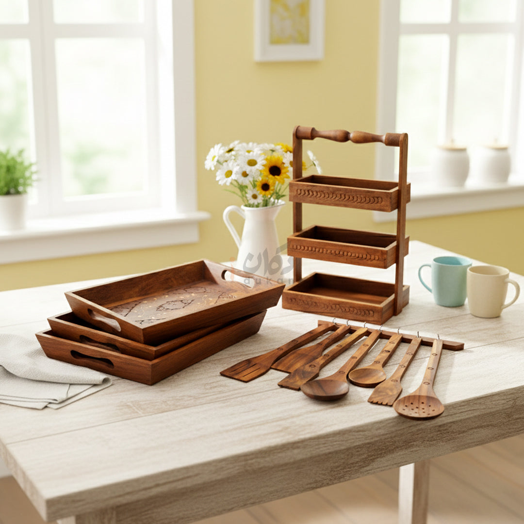 Special Kitchen Deal - Wooden Cooking Spoon Set, Spoon Rack and Wooden Tray Set