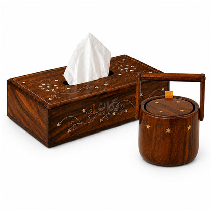 Wooden Tea Coaster & Tissue Box Set – Hand Brass Work Sheesham Wood