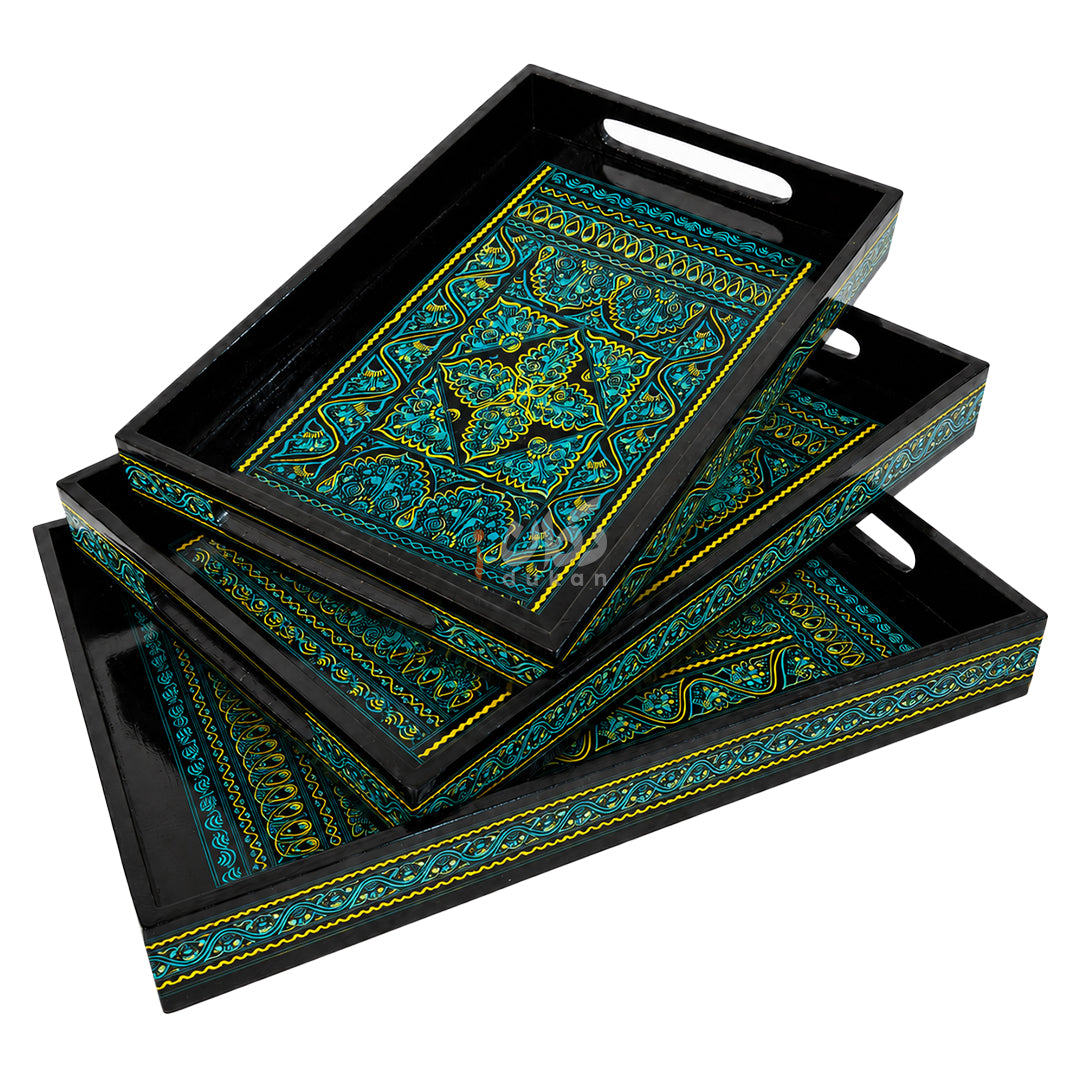 Naqshi Art Wooden Serving Tray Set – Handcrafted for Decorative and Serving - Green