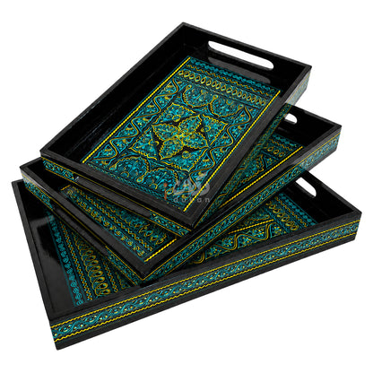 Naqshi Art Wooden Serving Tray Set – Handcrafted for Decorative and Serving - Green