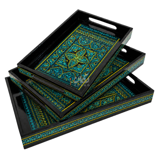 Naqshi Art Wooden Serving Tray Set – Handcrafted for Decorative and Serving - Green