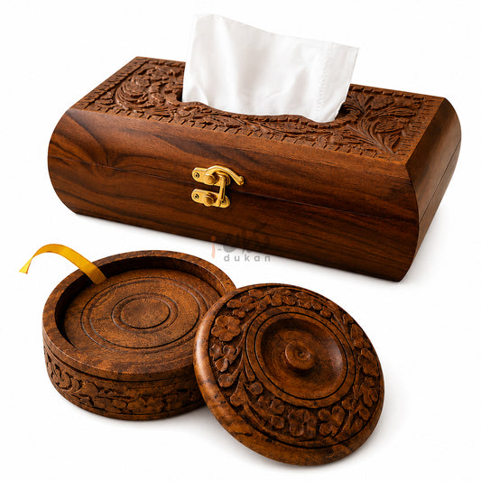 Wooden Tea Coaster & Tissue Box Set – Hand Carved Sheesham Wood