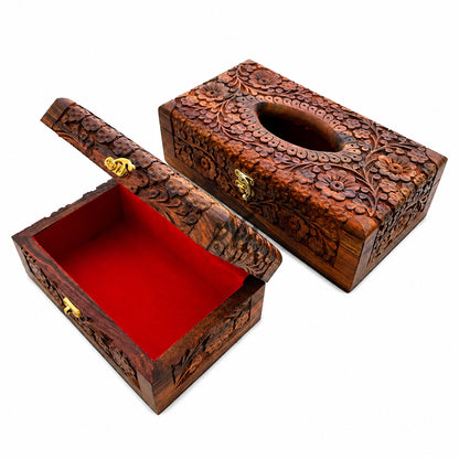 Handmade Wooden Tissue Box with Floral Hand Carving | Premium Sheesham Wood Storage Box