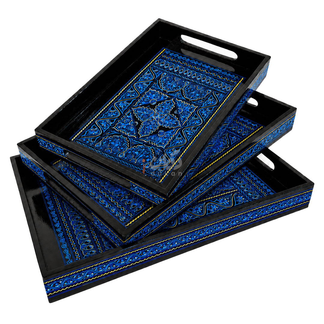 Naqshi Art Wooden Serving Tray Set – Handcrafted for Decorative and Serving - Blue Color