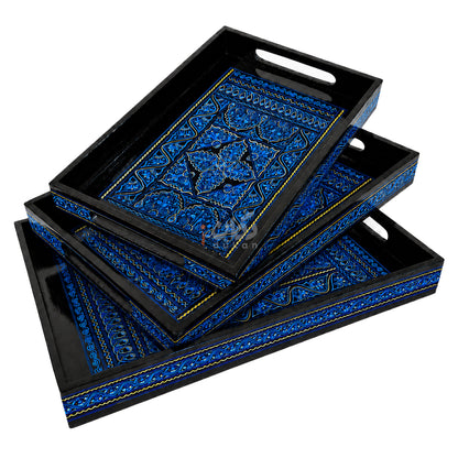 Naqshi Art Wooden Serving Tray Set – Handcrafted for Decorative and Serving - Blue Color