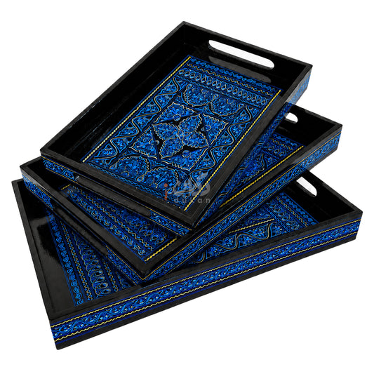 Naqshi Art Wooden Serving Tray Set – Handcrafted for Decorative and Serving - Blue Color