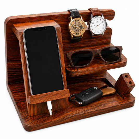 Solid Sheesham Wood Desk Organizer | Phone Docking Stand Watches Key Holder