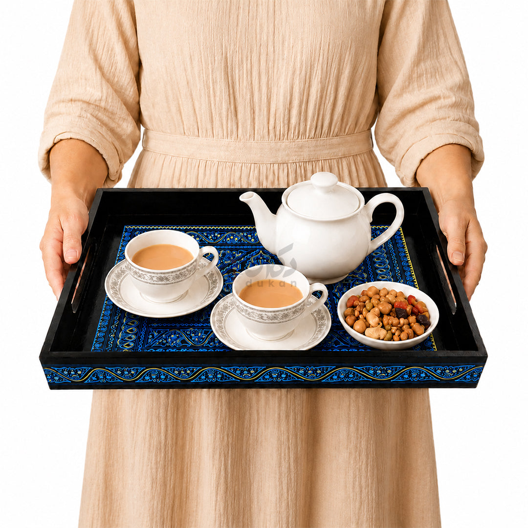 Naqshi Art Wooden Serving Tray Set – Handcrafted for Decorative and Serving - Blue Color