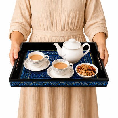 Naqshi Art Wooden Serving Tray Set – Handcrafted for Decorative and Serving - Blue Color