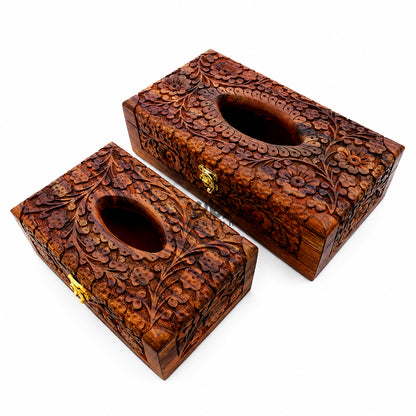 Handmade Wooden Tissue Box with Floral Hand Carving | Premium Sheesham Wood Storage Box