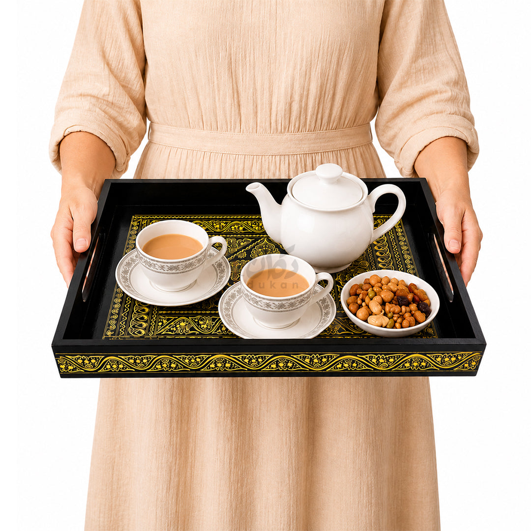 Naqshi Art Wooden Serving Tray Set – Handcrafted for Decorative and Serving - Yellow Color
