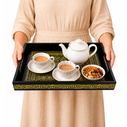 Naqshi Art Wooden Serving Tray Set – Handcrafted for Decorative and Serving - Yellow Color