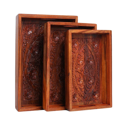 Pure Wood Hand Carving Serving Tray Set of 3 With Handles