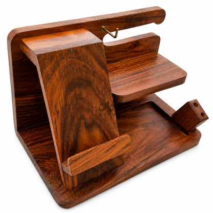 Solid Sheesham Wood Desk Organizer | Phone Docking Stand Watches Key Holder