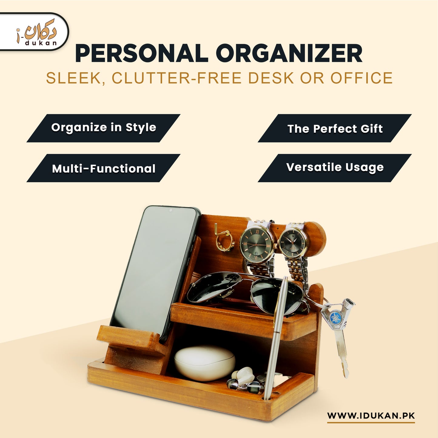 Wood MDF Desk Organizer | Phone Docking Stand Watches Key Holder