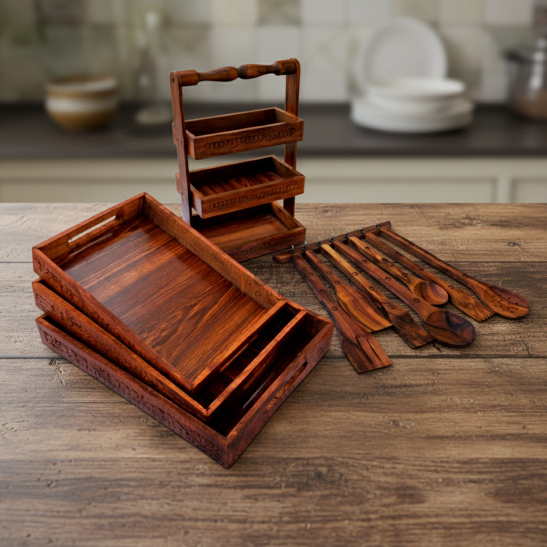 Special Kitchen Deal - Wooden Cooking Spoon Set, Spoon Rack and Wooden Tray Set