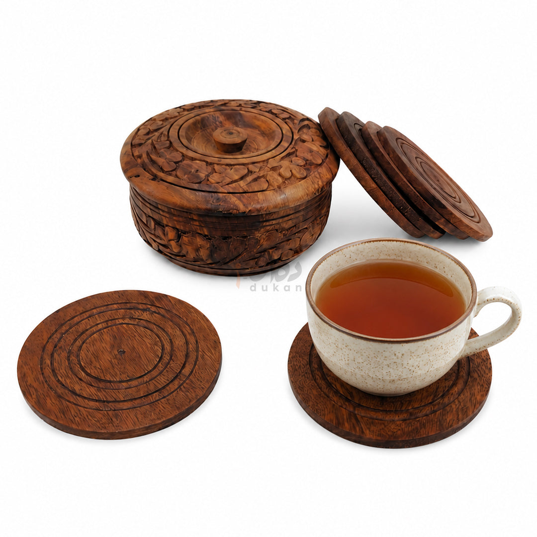 Wooden Tea Coaster & Tissue Box Set – Hand Carved Sheesham Wood