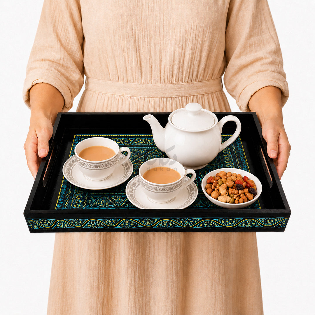 Naqshi Art Wooden Serving Tray Set – Handcrafted for Decorative and Serving - Green