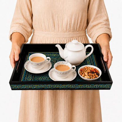 Naqshi Art Wooden Serving Tray Set – Handcrafted for Decorative and Serving - Green