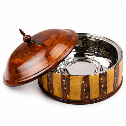Handcrafted Brass Work Wooden Hotpot for Roti With Stainless Steel Bowl (12 Inches)