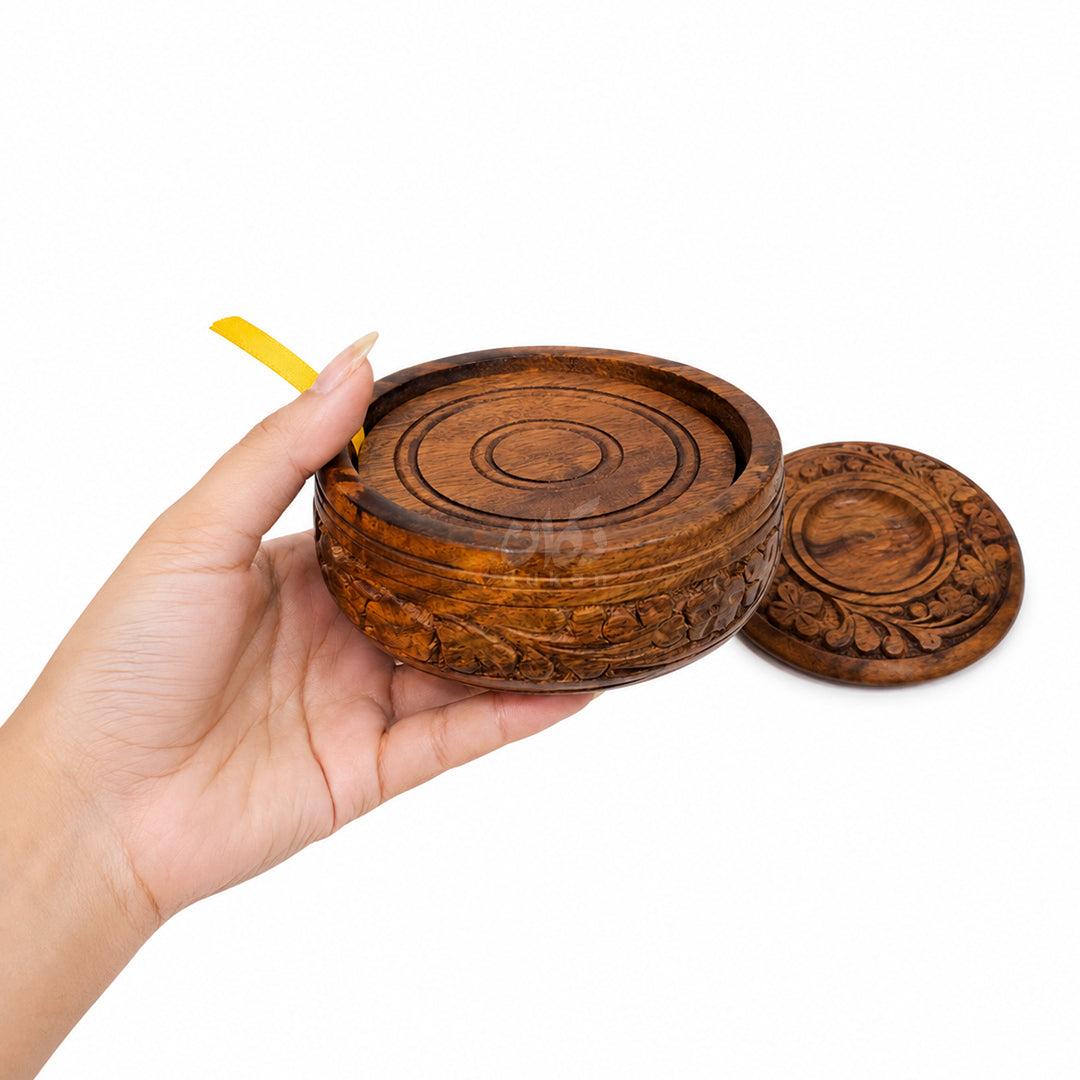6 Pieces Solid Sheesham Wood Tea Coaster Set with Holder