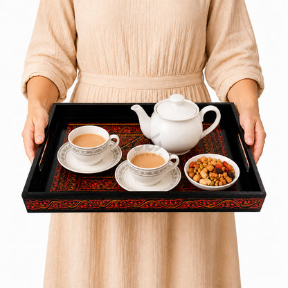 Naqshi Art Wooden Serving Tray Set – Handcrafted for Decorative and Serving - Red Color