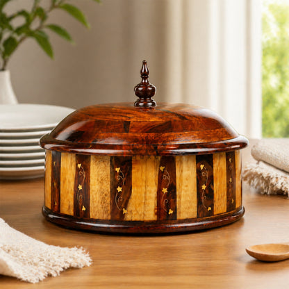 Handcrafted Brass Work Wooden Hotpot for Roti With Stainless Steel Bowl (12 Inches)