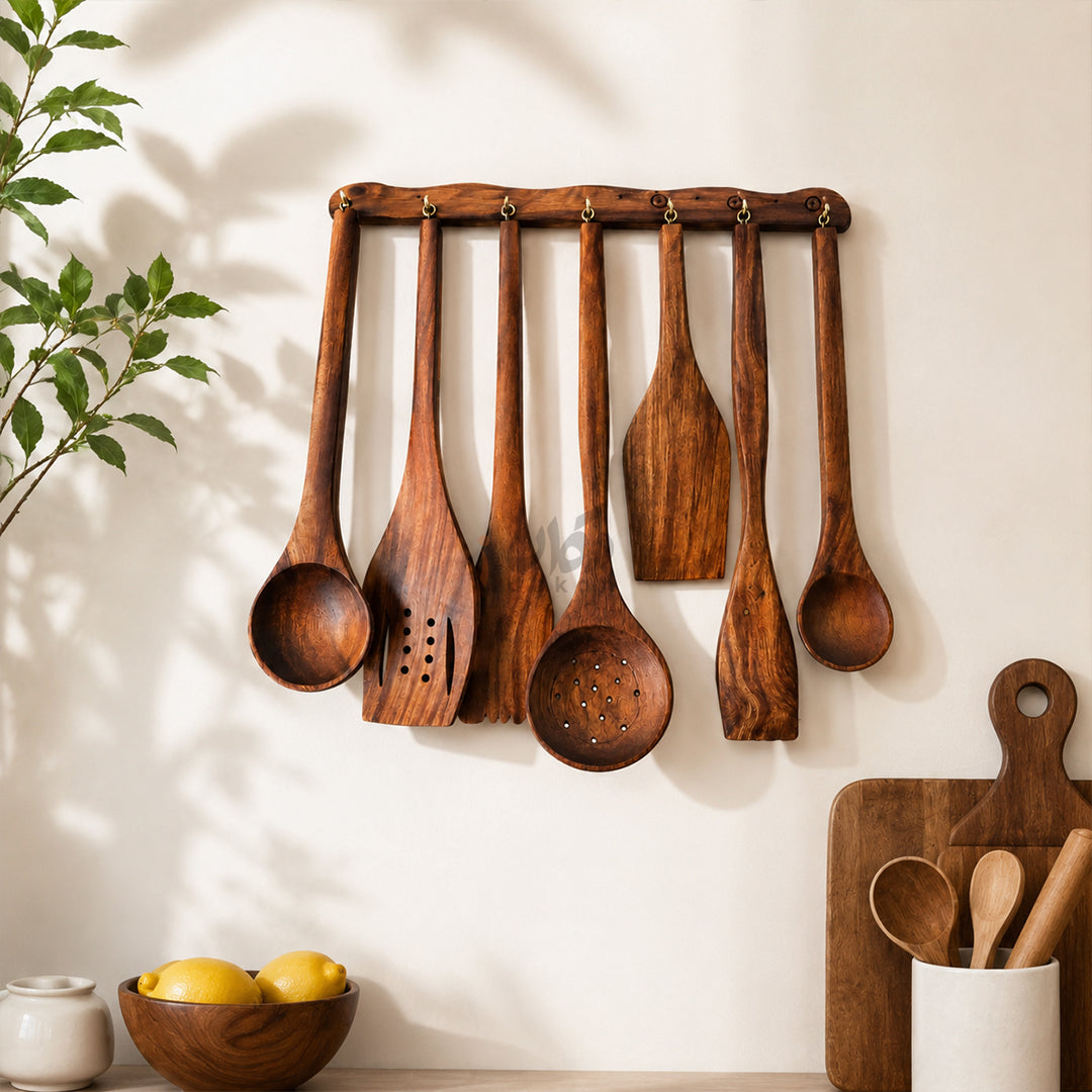 Special Kitchen Deal - Wooden Cooking Spoon Set, Spoon Rack and Wooden Tray Set