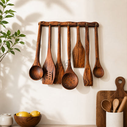 Special Kitchen Deal - Wooden Cooking Spoon Set, Spoon Rack and Wooden Tray Set