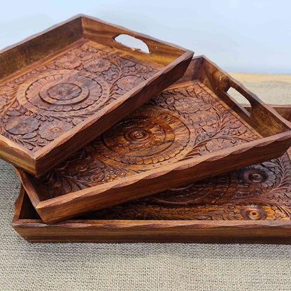 Pure Wood Hand Carving Serving Tray Set of 3 With Handles